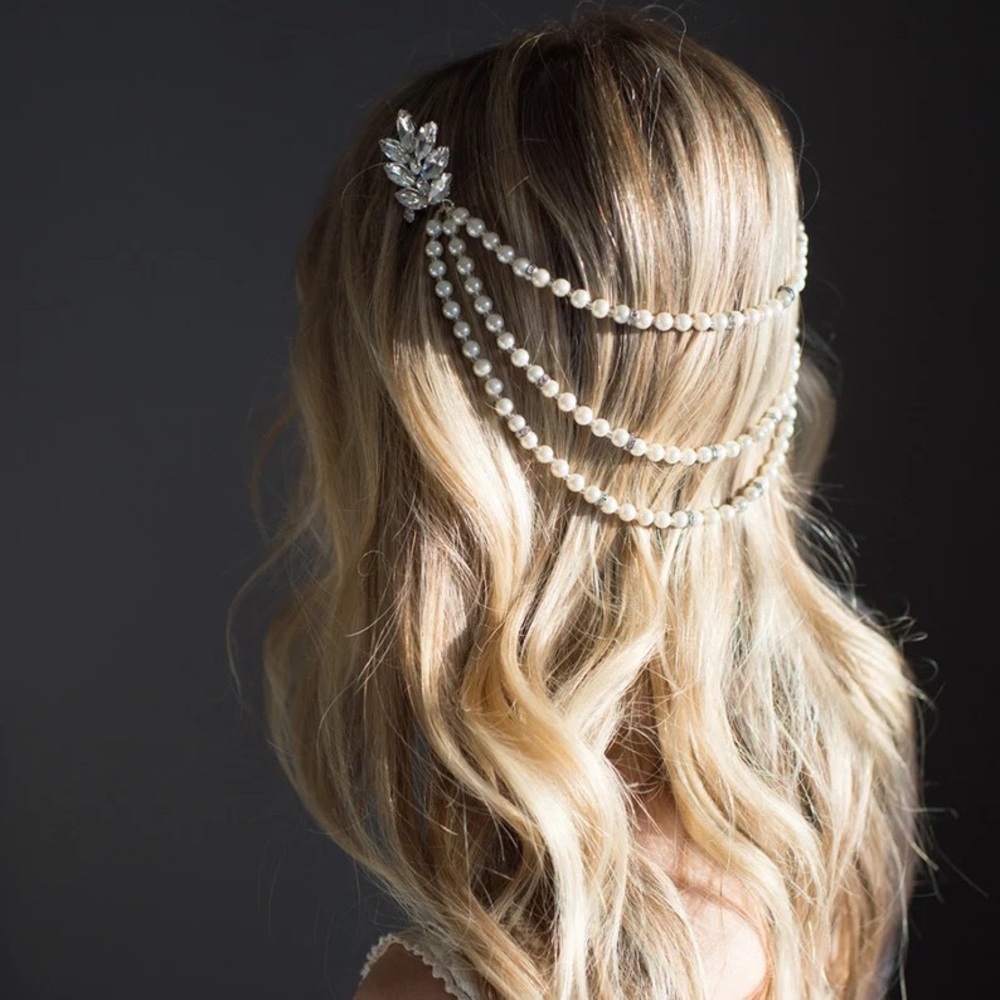 Pearl bridal hair chain, Vintage Style Bridal Hair Wrap, Wedding Pearl Comb